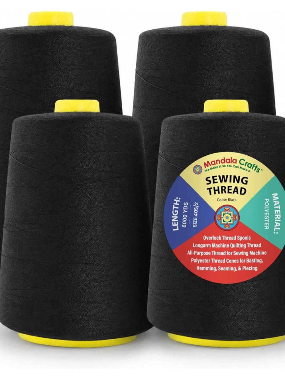 40S/2 Black Polyester 4 Pack of Serger Threads Cones